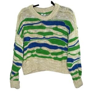 Aerie S Intarsia Crew Sweater Blue Green Cropped Length Crew Neck